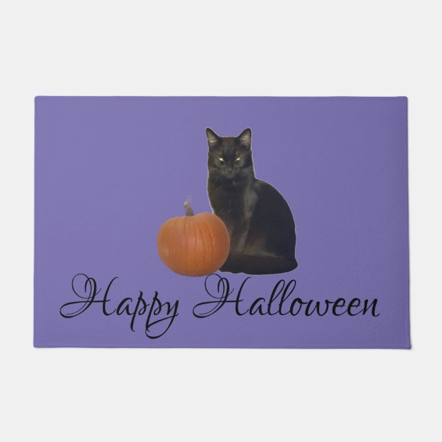 Fröhliche Halloween Katze und Kürbis auf Lila Türm Fußmatte (Vorderseite)