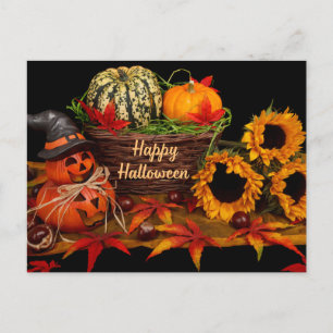 Fröhliche Halloween-Kürbis und Sonnenblumen Feiertagspostkarte