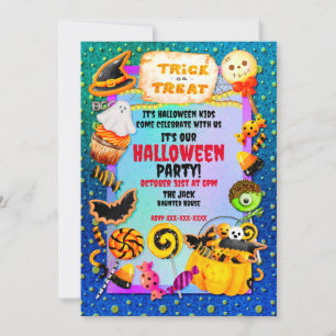 Fröhliche Halloween-Party voller Süßigkeiten oder  Einladung