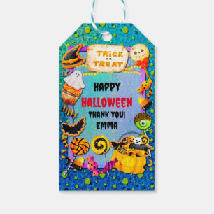 Fröhliche Halloween-Party voller Süßigkeiten oder Geschenkanhänger