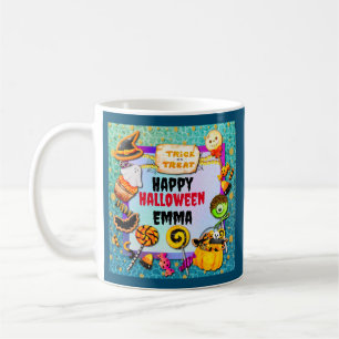 Fröhliche Halloween-Party voller Süßigkeiten oder Kaffeetasse
