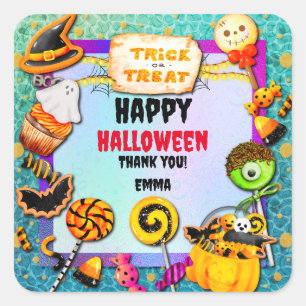 Fröhliche Halloween-Party voller Süßigkeiten oder Quadratischer Aufkleber