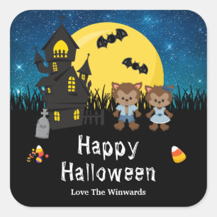 Fröhliche Halloween-Party Werwolf Blau Quadratischer Aufkleber