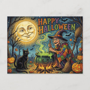 Fröhliche Halloween-Postkarte, 1930er Retro-Hexe, Postkarte