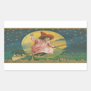 Fröhliche Halloween-Rosa Hexe auf Besen Vintage Rechteckiger Aufkleber