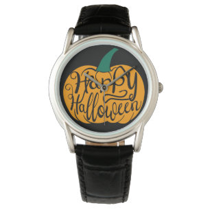 Fröhliche Halloween-Schrift auf geschnitztem Kürbi Armbanduhr