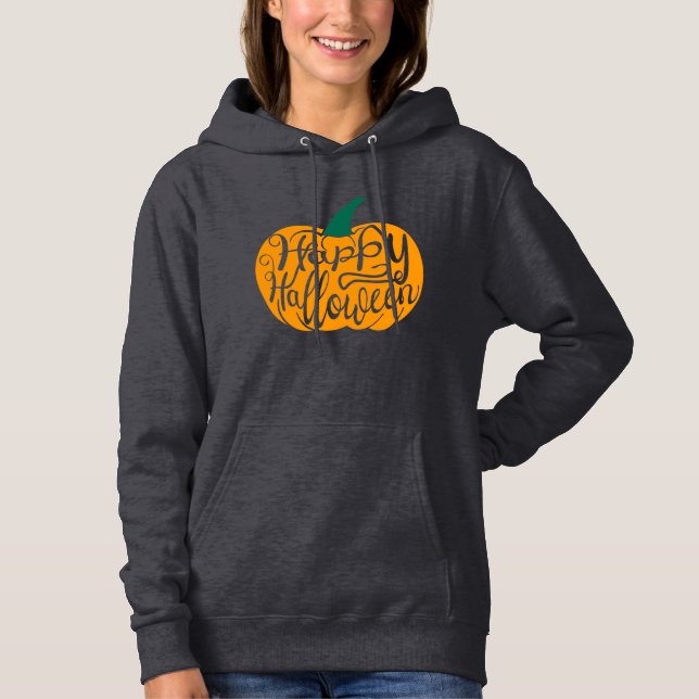 Fröhliche Halloween-Schrift auf geschnitztem Kürbi Hoodie (Vorderseite)