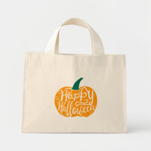 Fröhliche Halloween-Schrift auf geschnitztem Kürbi Mini Stoffbeutel