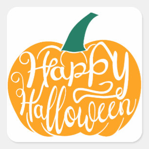 Fröhliche Halloween-Schrift auf geschnitztem Kürbi Quadratischer Aufkleber