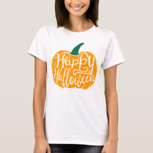 Fröhliche Halloween-Schrift auf geschnitztem Kürbi T-Shirt