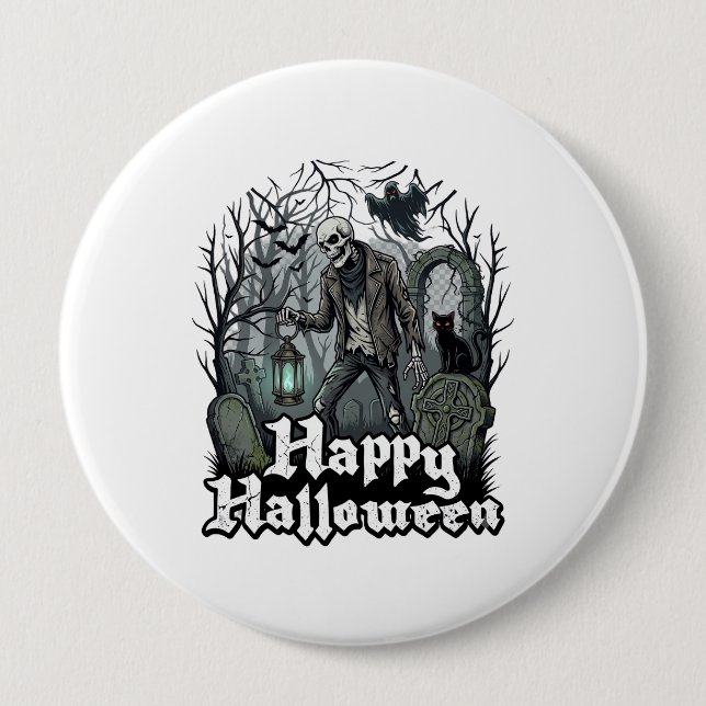 Fröhliche Halloween-Skelett-Laterne Schwarze Katze Button (Vorderseite)