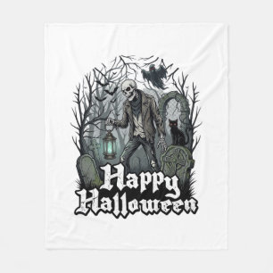 Fröhliche Halloween-Skelett-Laterne Schwarze Katze Fleecedecke