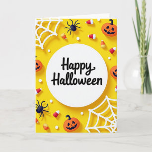 Fröhliche Halloween-Spinnen und -Netze Karte
