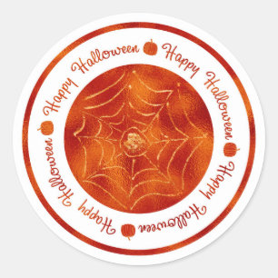 Fröhliche Halloween-Spinnennetz Orange Glanz Party Runder Aufkleber