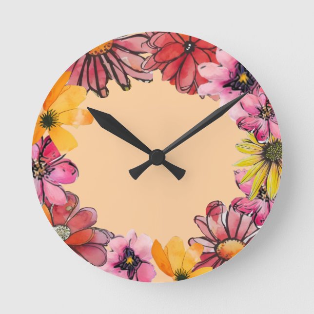 Fröhliche handbemalte Blume Runde Wanduhr (Vorderseite)