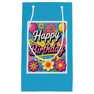 Fröhliche Happy Birthday Blumen und Ballons Blau Kleine Geschenktüte