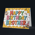 Fröhliche "HAPPY BIRTHDAY BROTHER" Grafik Karte<br><div class="desc">Eine helle und energiegeladene 2D-Digitalillustration mit einer fetten "HAPPY BIRTHDAY BROTHER"-Nachricht in einer abgerundeten,  mehrfarbigen Blasen-Schriftart. Die festliche Komposition zeigt einen lachenden Charakter in einem Partyhut,  einen kleinen glasierten Schokoladenkuchen mit angezündeten Kerzen und verschiedene Luftballons und Luftschlangen. Vor einem lebendigen gelben Sonnenstrahl-Hintergrund mit verstreutem Konfetti.</div>