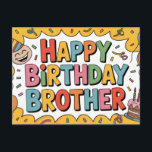 Fröhliche "HAPPY BIRTHDAY BROTHER" Grafik Postkarte<br><div class="desc">Eine helle und energiegeladene 2D-Digitalillustration mit einer fetten "HAPPY BIRTHDAY BROTHER"-Nachricht in einer abgerundeten,  mehrfarbigen Blasen-Schriftart. Die festliche Komposition enthält einen lachenden Charakter in einem Partyhut,  einen kleinen glasierten Schokoladenkuchen mit angezündeten Kerzen und verschiedene Luftballons und Luftschlangen. Vor einem lebendigen gelben Sonnenstrahl-Hintergrund mit verstreutem Konfetti.</div>