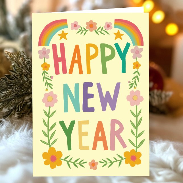 Fröhliche, hässliche HAPPY - Handschrift des neuen Karte (Cheerful Whimsical Rainbow HAPPY NEW YEAR Handlettering Card
)