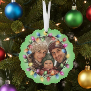 Fröhliche & helle bunte Weihnachtslichter Foto Ornament Karte