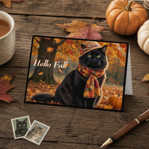 Fröhliche Herbst Blätter Schwarze Katze mit Hut Karte