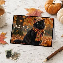 Fröhliche Herbst Blätter Schwarze Katze mit Hut Karte