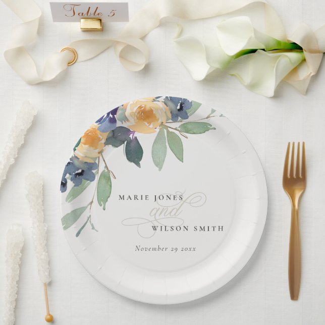 fröhliche Hochzeit von gelber blauer Wasserfarbe Pappteller (Hochzeit)