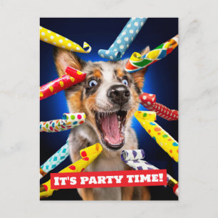 Fröhliche Hunde-Party-Tut-Bläser Postkarte