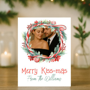 Fröhliche Kissmas-Zuckerstangen-Kranz-Foto-Weihnac Feiertagskarte