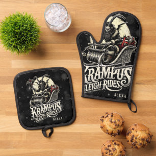 Fröhliche Krampus-Weihnachten Krampus-Schlittenfah Ofenhandschuh & Topflappen-Set