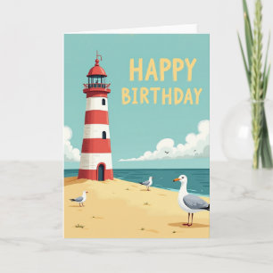 Fröhliche Leuchtturm-Strandkarte Karte