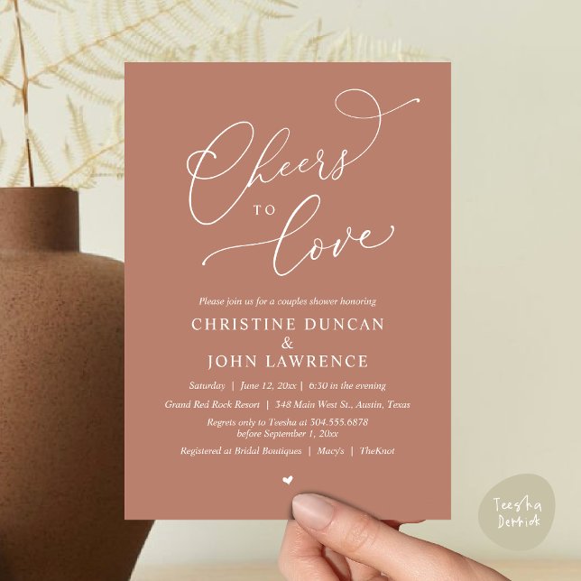 Fröhliche Liebe, Romantische Paare Dusche Party Einladung (Cheers to love, Romantic Couples Shower Modern Party Winery Invitation Card PDF Summer Earthy Brown)
