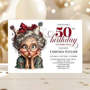 Fröhliche lustige Dame 50. Geburtstag Cartoon Humo Einladung