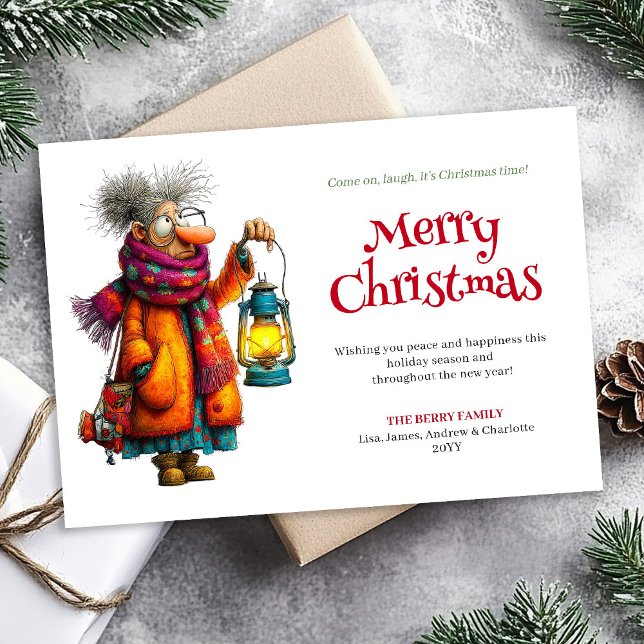 Fröhliche lustige Frau Editierbare Weihnachtsgrüße Feiertagskarte (Festive Funny Woman Editable Christmas Greeting Card)