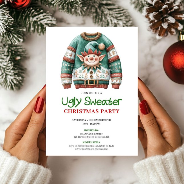 Fröhliche Lustige Hässliche Sweater Weihnachtskart Einladung (Cheerful Funny Ugly Sweater Christmas Card)