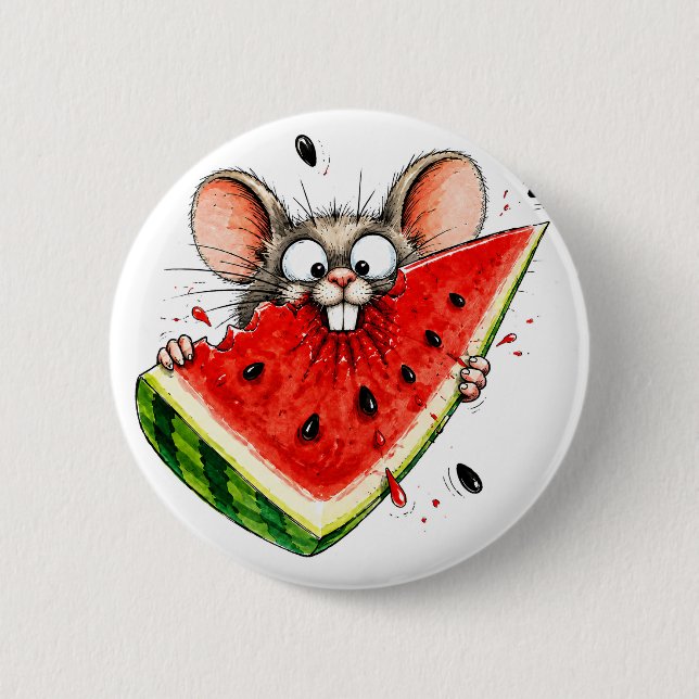 Fröhliche Maus isst Wassermelone Button (Vorderseite)