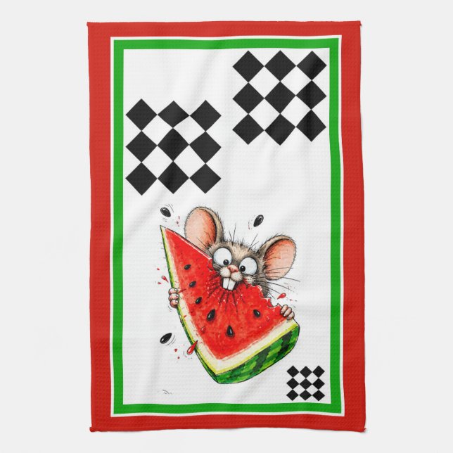 Fröhliche Maus isst Wassermelone Geschirrtuch (Vertikal)