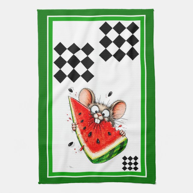 Fröhliche Maus isst Wassermelone Geschirrtuch (Vertikal)