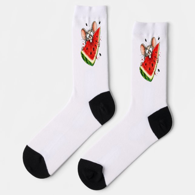 Fröhliche Maus isst Wassermelone Socken (Linkes Detail)
