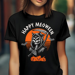 Fröhliche Meoween Gruseliger Sensenmann Katze Hall T-Shirt