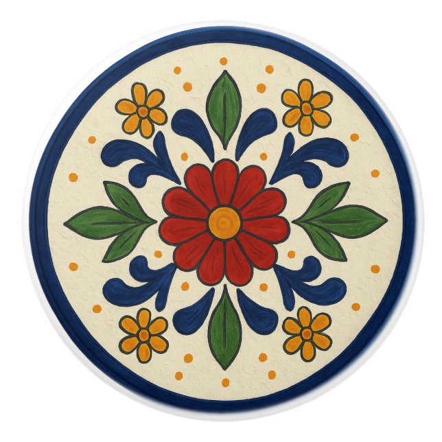 Fröhliche mexikanische Talavera Folk Floral Kerami Keramikknauf (Vorderseite)