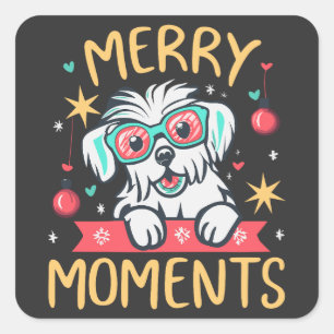 Fröhliche Momente mit maltesischem Hund Weihnachts Quadratischer Aufkleber