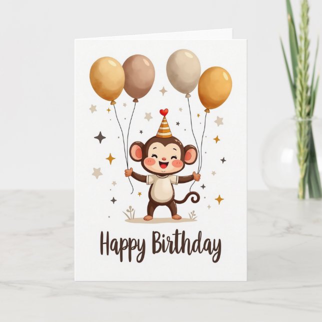 Fröhliche Monkey Balloons Karte (Vorderseite)