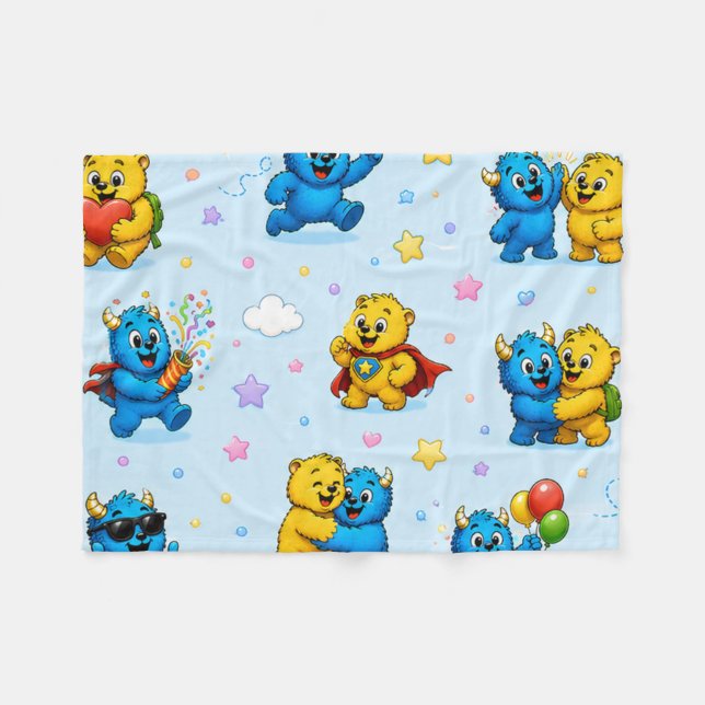 Fröhliche Monsterfreunde Pastel-Spielzeit-Muster Fleecedecke (Vorderseite (Horizontal))