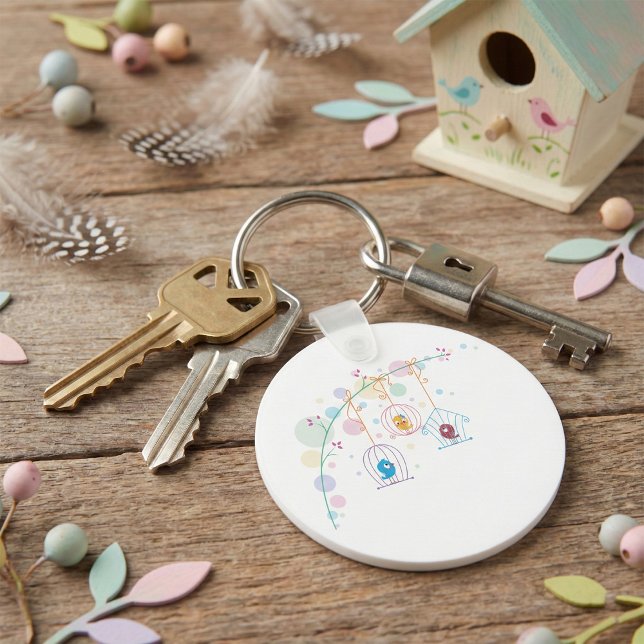 Fröhliche Niedliche Vögel in Käfigen Schlüsselanhä Schlüsselanhänger (Von Creator hochgeladen)