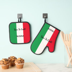 Fröhliche Nonno- oder Nonnenzeit, italienische Fla Ofenhandschuh & Topflappen-Set