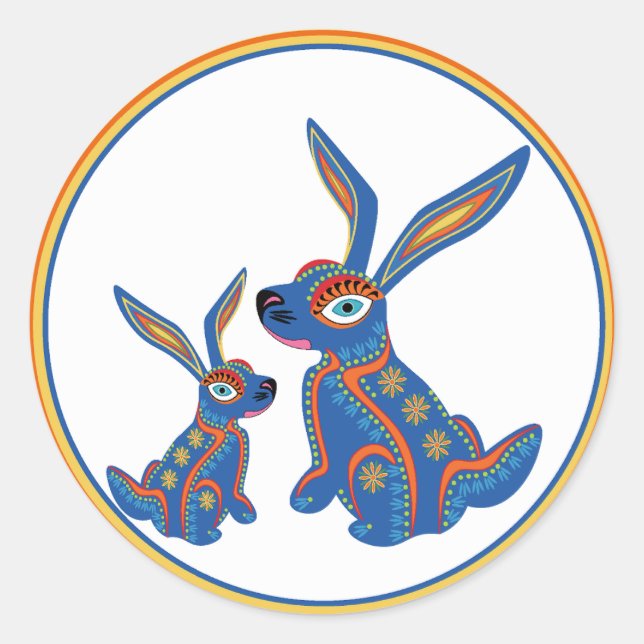 Fröhliche Oaxacan Folk Art Rabbits Rundaufkleber Runder Aufkleber (Vorderseite)