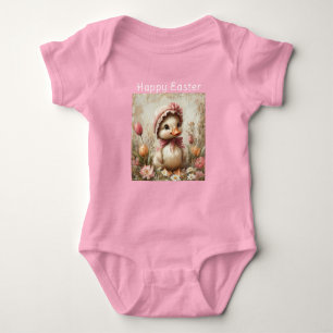 Fröhliche Ostergans mit rosa Häubchen Tulpen Gänse Baby Strampler