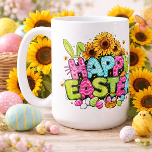 Fröhliche Ostergestaltung mit Hasenohren und Blume Kaffeetasse