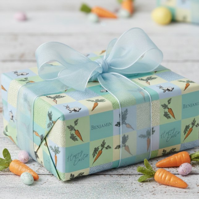 Fröhliche Ostern Hasen & Karotten Muster Geschenkpapier (Colorful Happy Easter Wrapping Paper for Kids. Adorable Bunnies & Carrot Veggies Blue Pattern)